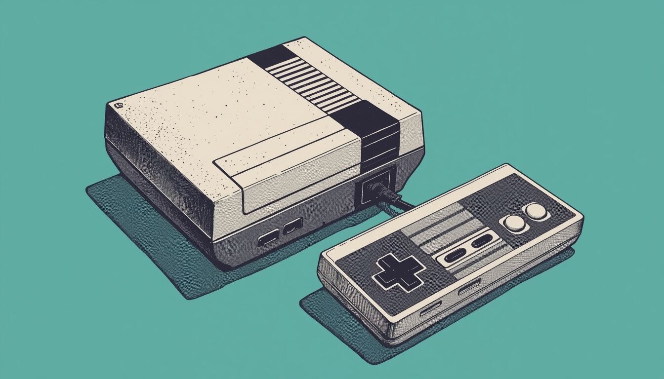 An 8-bit game console and gamepad on a teal background, drawn in ink.